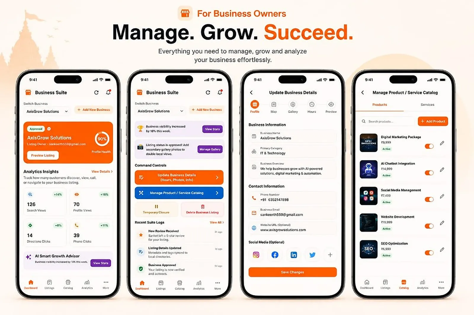 Business Suite screens — analytics, controls, details, and catalog